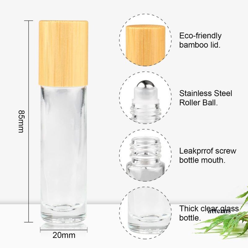 glasstore زجاجات رول أون فارغة قابلة لإعادة التعبئة، زجاجة رول أون 10 مل من الخيزران لعطور الزيوت الأساسية، زجاجات عينة مع كرة رولر من الفولاذ المقاوم للصدأ وغطاء من الخيزران، 12 قطعة - Image 2